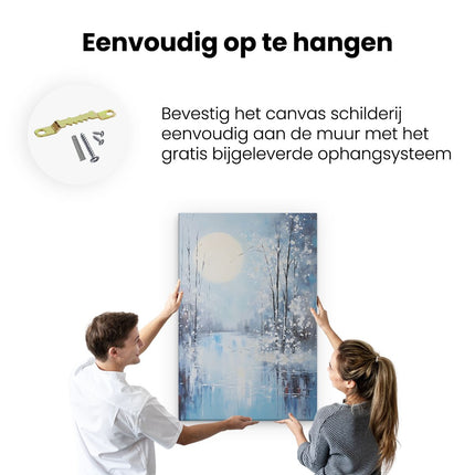 Canvas schilderij ophangen Winter bij Volle Maan in het Bos