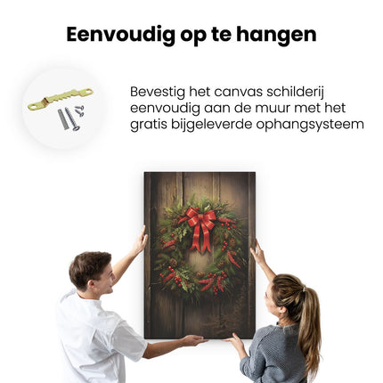 Canvas schilderij ophangen Kerstkrans op een Houten Muur