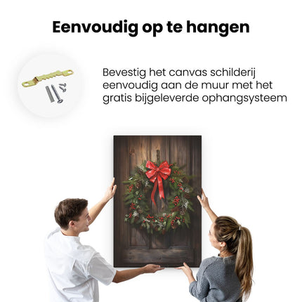 Canvas schilderij ophangen Kerstkrans op een Houten Muur