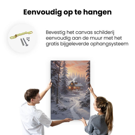 Canvas schilderij ophangen Huisje in het Winterse Bos