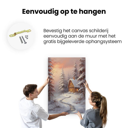 Canvas schilderij ophangen Huisje in het Winterse Bos