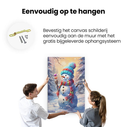 Canvas schilderij ophangen Blije Sneeuwpop met een Lolly - Kerst