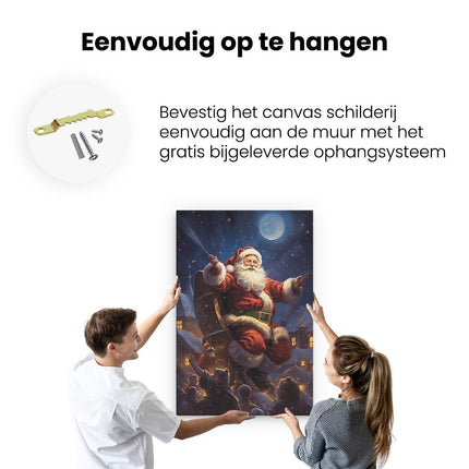 Canvas schilderij ophangen Kerstman deelt Cadeaus uit