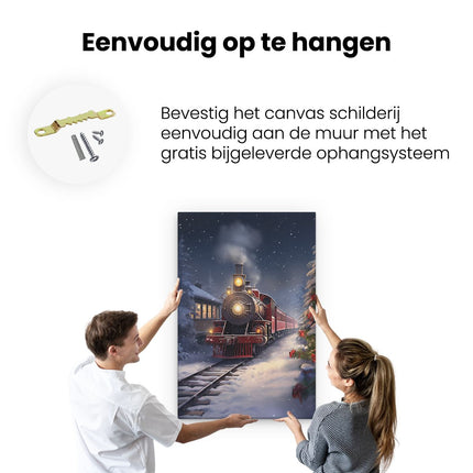 Canvas schilderij ophangen Rode Locomotief Trein  in het Winter Bos - Kerst