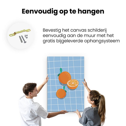 Canvas schilderij ophangen Sinaasappels op een Tafelkleed - Abstract