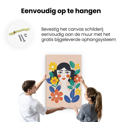 Canvas schilderij ophangen Vrouw met Rode Wangen en Bloemen - Abstract