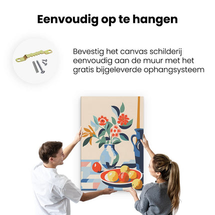 Canvas schilderij ophangen Vaas met Fruit op Tafel - Abstract