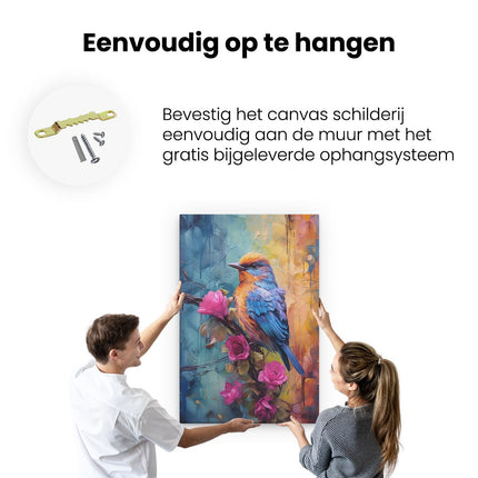 Canvas schilderij ophangen Vogel op een Tak met Roze Bloemen