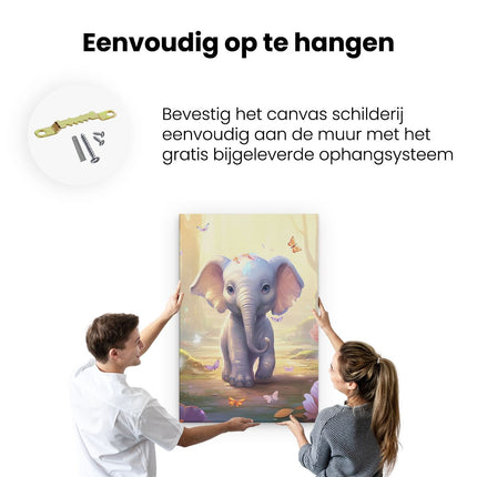 Canvas schilderij ophangen Baby Olifant met Vlinders