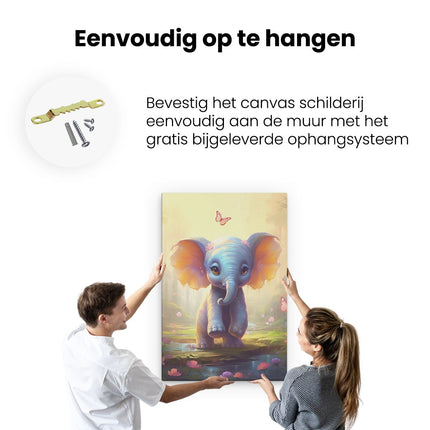 Canvas schilderij ophangen Baby Olifant met Roze Vlinders