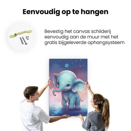 Canvas schilderij ophangen Baby Olifant bij Volle Maan