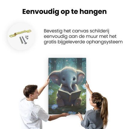 Canvas schilderij ophangen Baby Olifant leest een Boek