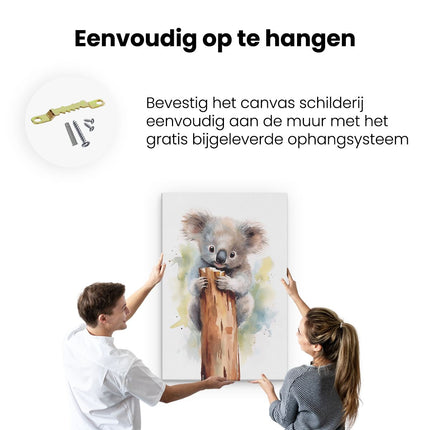 Canvas schilderij ophangen Baby Koala aan een Tak