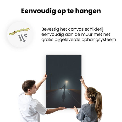 Canvas schilderij ophangen Man met een Hond in de Nacht