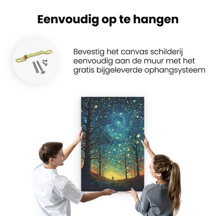 Canvas schilderij ophangen Man in het Bos bij Sterrenhemel