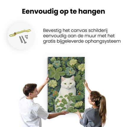 Canvas schilderij ophangen Witte Kat tussen de Groene Planten