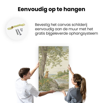 Canvas schilderij ophangen Hond op een Rots bij het Meer