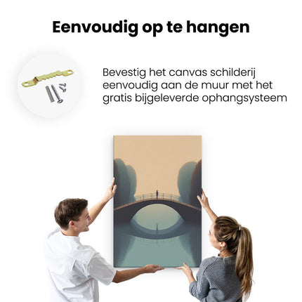 Canvas schilderij ophangen Man bij een Brug in het Bos