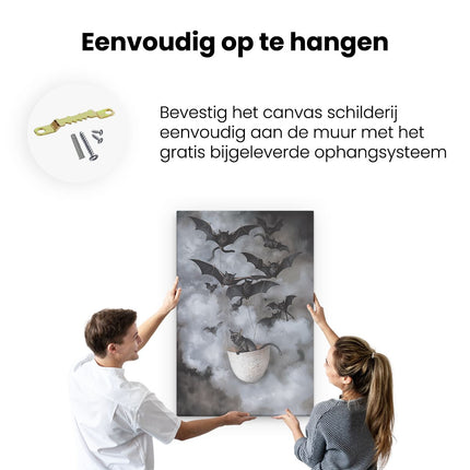 Canvas schilderij ophangen Vliegende Vleermuizen in een Mand