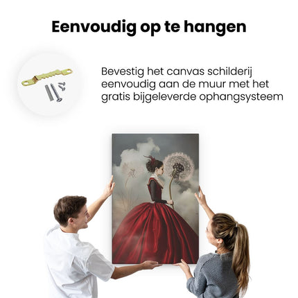 Canvas schilderij ophangen Vrouw in een Rode Jurk met een Paardebloem