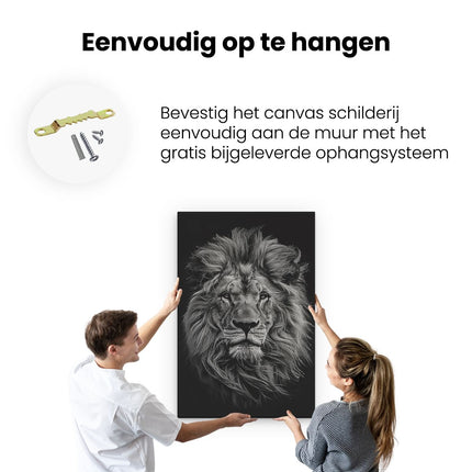 Canvas schilderij ophangen Zwart Wit Beeld van een Leeuwenkop