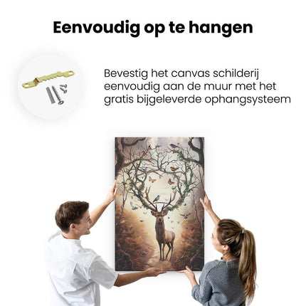 Canvas schilderij ophangen Herten in een Bos met Vogels