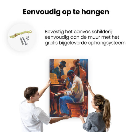 Canvas schilderij ophangen Drie Muzikanten die Piano Spelen