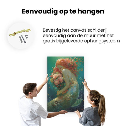 Canvas schilderij ophangen De Zeemeermin Houdt een Boeket Bloemen Vast