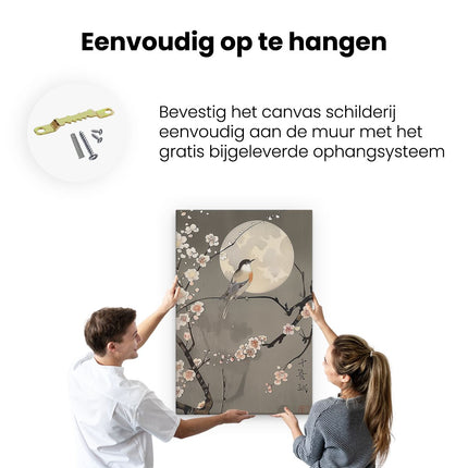 Canvas schilderij ophangen Vogel Zat op een Tak met Bloesems