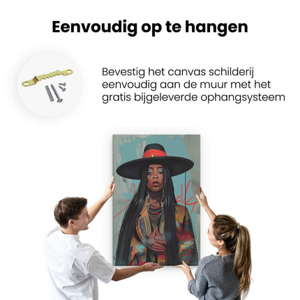 Canvas schilderij ophangen Vrouw met Lang haar en een Hoed