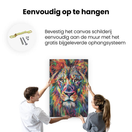 Canvas schilderij ophangen Kleurrijke Leeuw met Verfspatten