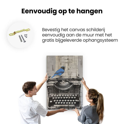 Canvas schilderij ophangen Blauwe Vogel Zat op een Oude Typemachine