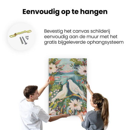 Canvas schilderij ophangen Twee Witte Duiven Zaten op een Tak