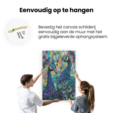Canvas schilderij ophangen Twee Pauwen met Kleurrijke Veren