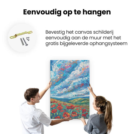 Canvas schilderij ophangen Kunstwerk van Rode Klaprozen onder een Bewolkte Hemel