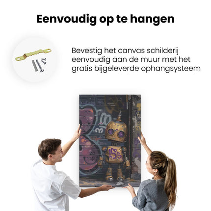 Canvas schilderij ophangen Robot met Paarse Ogen die voor een met Graffiti Bedekte Muur Staat