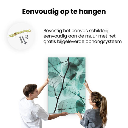 Canvas schilderij ophangen Close-Up van Groene Bladeren op een Blauwe Achtergrond
