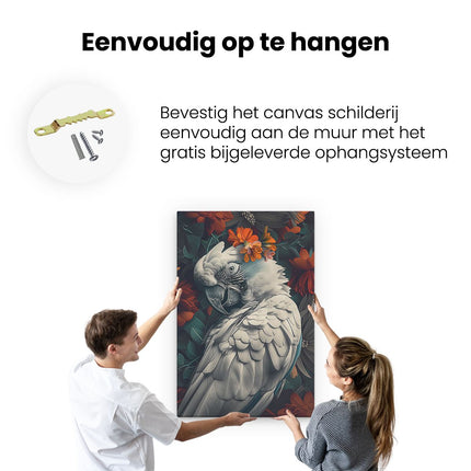 Canvas schilderij ophangen Vogel met een Bloem op zijn Kop