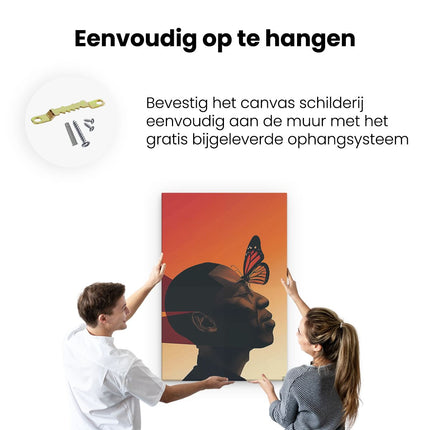 Canvas schilderij ophangen Man met een Vlinder op zijn Hoofd