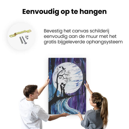 Canvas schilderij ophangen Kunstwerk van een Kussend Stel onder een Volle Maan