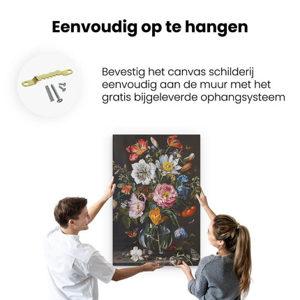 Canvas schilderij ophangen Kunstwerk van Bloemen in een Glazen Vaas