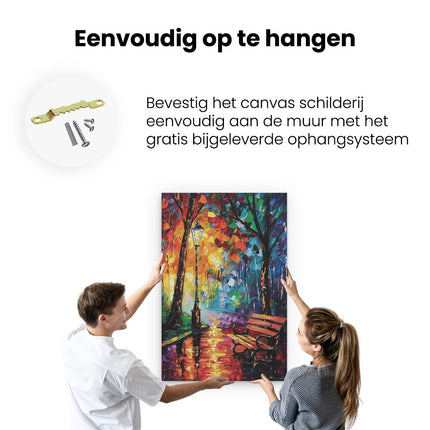 Canvas schilderij ophangen Kunstwerk van een Bankje in de Regen