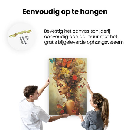 Canvas schilderij ophangen Vrouw met Vlinders in haar Haar