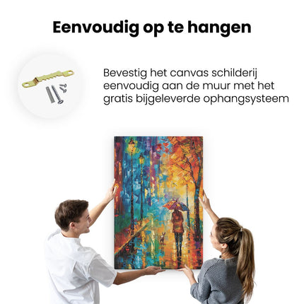 Canvas schilderij ophangen Kunstwerk van een Vrouw die met een Hond in de Regen loopt