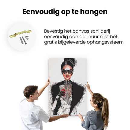Canvas schilderij ophangen Illustratie van een Vrouw die een Bril Draagt ​​En een Glas Wijn Vasthoudt