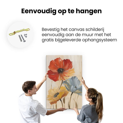 Canvas schilderij ophangen Drie Rode, Gele en Blauwe Bloemen op een Beige Achtergrond