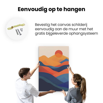 Canvas schilderij ophangen De Zon gaat onder over een Blauw en Oranje Landschap