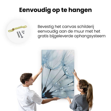 Canvas schilderij ophangen Waterdruppels op een Paardenbloem