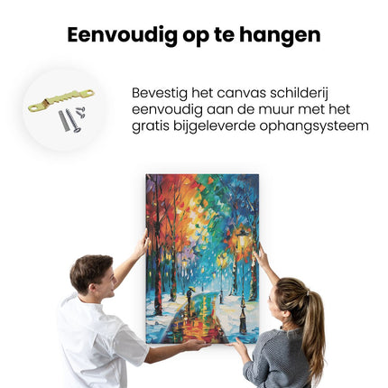 Canvas schilderij ophangen Kunstwerk van Mensen die door de Straat Lopen in de Sneeuw