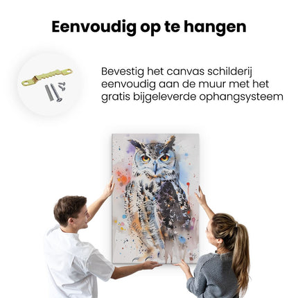 Canvas schilderij ophangen Uil met Kleurrijke Verfspatten